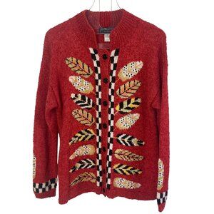 Vintage South Cotton Orange Cardigan Sweater Large Leaf Pattern Cottagecore